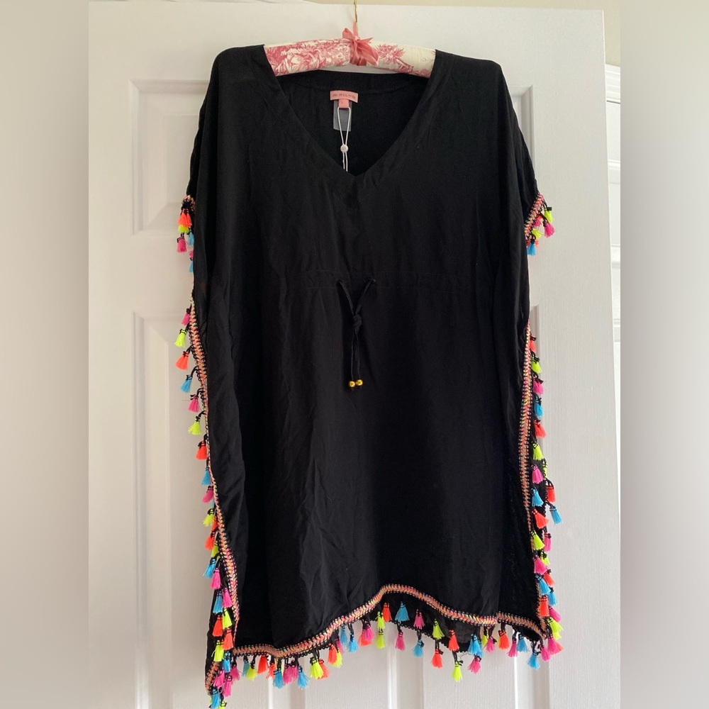PILYQ Girls Swim cover up.  Size L.  Black with neon color tassels and edging.